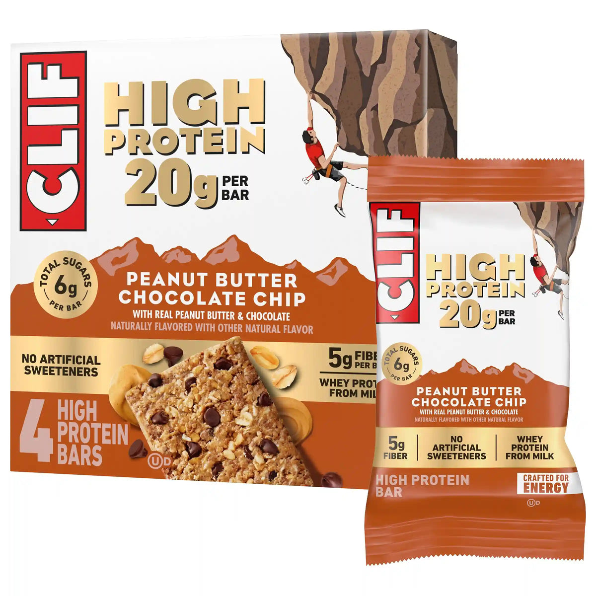 CLIF HIGH PROTEIN Peanut Butter Chocolate Chip Protein Snack Bars, 4 Bars