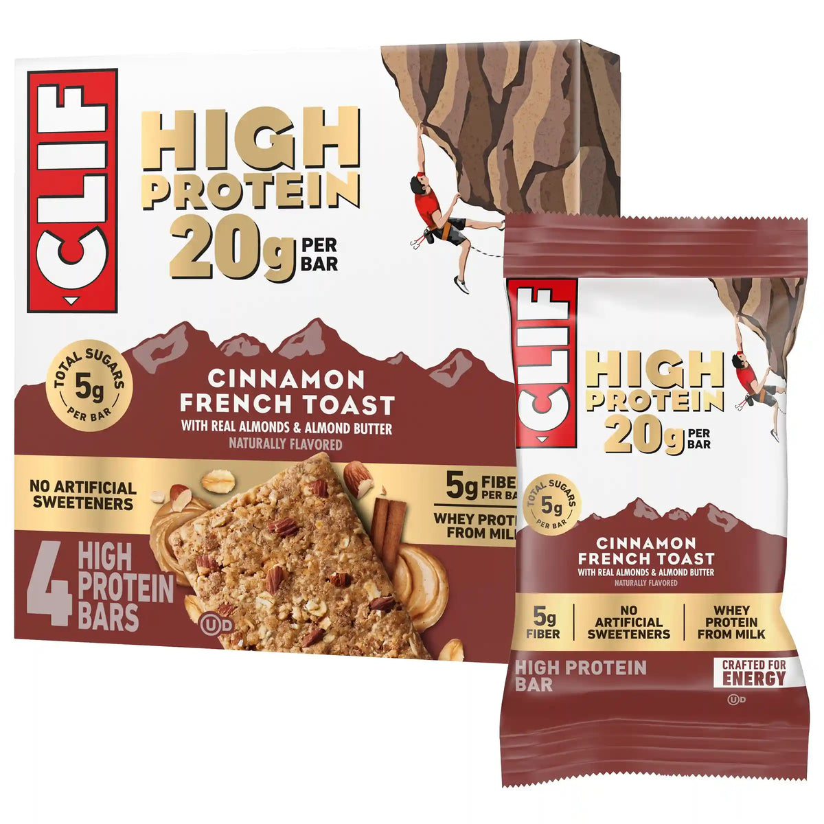CLIF HIGH PROTEIN Cinnamon French Toast Protein Snack Bars, 4 Bars